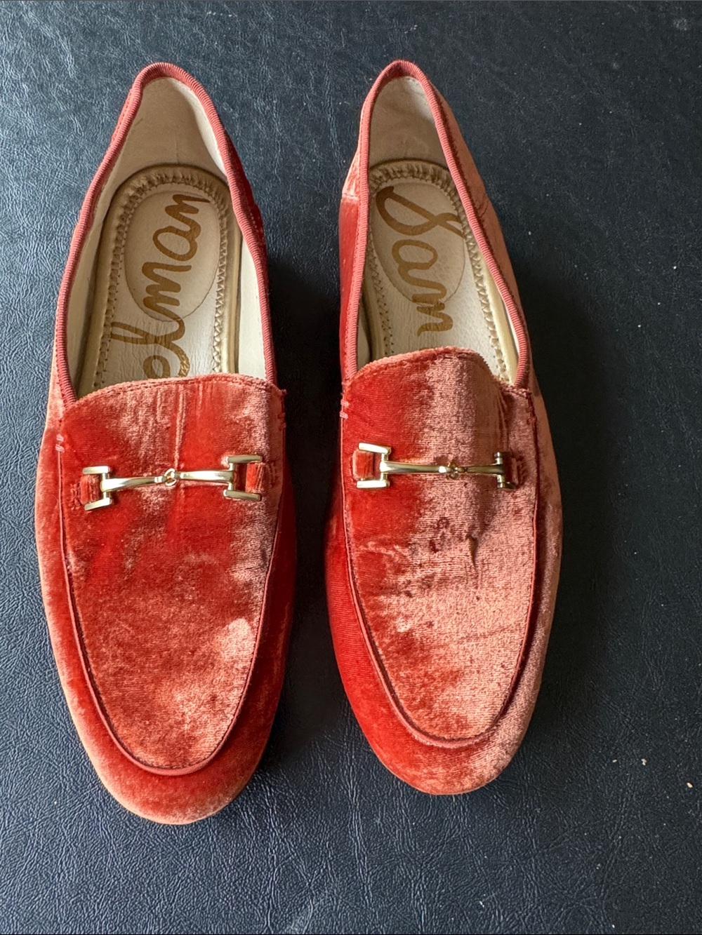 Sam Edelman . Velvet Bit Loafers - Red Orange Velvet Women Slip-Ons